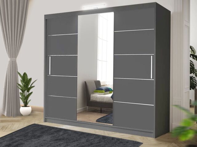 RAC3 Modern LED white Effect 250cm Sliding Door Wardrobe with Mirror & Integrated Drawers, Spacious Bedroom Storage in Grey - image 1