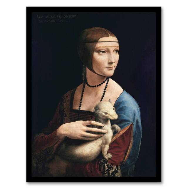 Artery8 Da Vinci Framed Wall Art Lady with an Ermine La Belle Ferronniere in Black - Size: A4 - image 1
