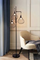 Living and Home Modern Industrial Black 3-Head Floor Lamp with Lantern Style Shade - thumbnail 2
