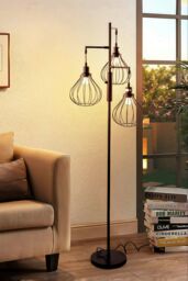 Living and Home Modern Industrial Black 3-Head Floor Lamp with Lantern Style Shade