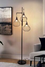 Living and Home Modern Industrial Black 3-Head Floor Lamp with Lantern Style Shade - thumbnail 3