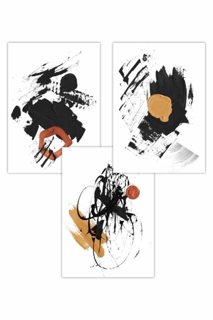 ARTZE Set of 3 Abstract Black, Yellow, Orange Oil Strokes Art Posters in Black - Size: W50 cm x H70 cm - image 1