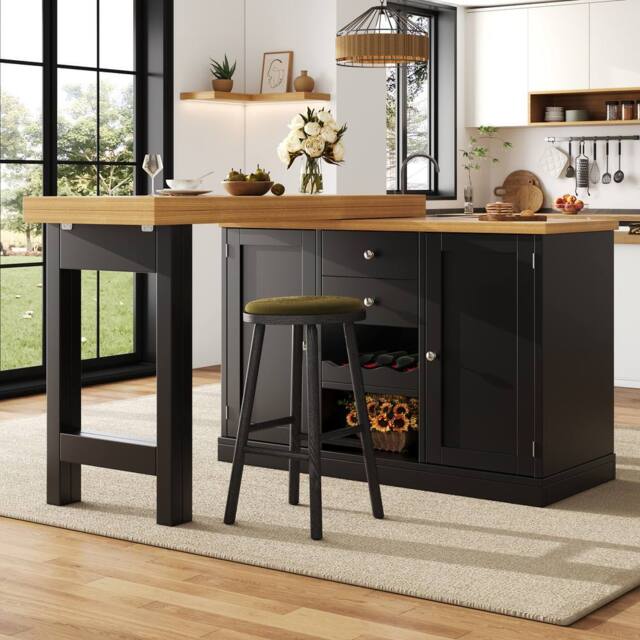 Merax Extendable Kitchen Island Sideboard with Dining Table & Wine Rack in Black - image 1