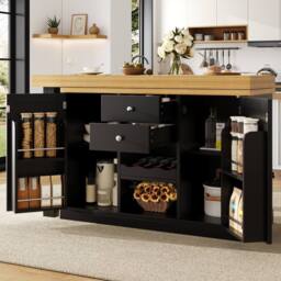 Merax Extendable Kitchen Island Sideboard with Dining Table & Wine Rack in Black - thumbnail 3