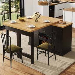 Merax Extendable Kitchen Island Sideboard with Dining Table & Wine Rack in Black - thumbnail 4