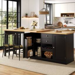Merax Extendable Kitchen Island Sideboard with Dining Table & Wine Rack in Black - thumbnail 2