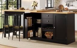 Merax Extendable Kitchen Island Sideboard with Dining Table & Wine Rack in Black - thumbnail 5