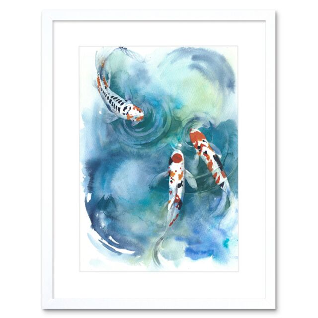"Artery8 Wall Art Print Japan Koi Fish Near Surface Art Framed 9x7 inch in White - Size: W7"" x H9""" - image 1