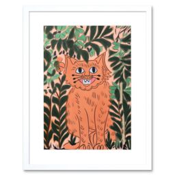 "Artery8 Wall Art Print Ginger Orange Tabby Cat in Plants Modern Folk Artwork Framed 9X7 Inch in White - Size: W7"" x H9""" - thumbnail 1