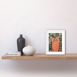 "Artery8 Wall Art Print Ginger Orange Tabby Cat in Plants Modern Folk Artwork Framed 9X7 Inch in White - Size: W7"" x H9""" - thumbnail 2