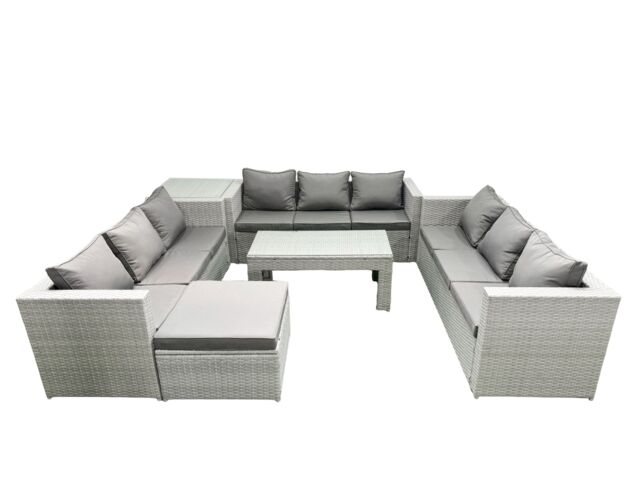 Fimous Rattan Garden Outdoor Furniture Set 10 Seater Garden Sofa Oblong Coffee Table Set with Big Footstool Side Table Light Grey Mixed - image 1