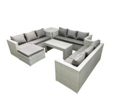 Fimous Rattan Garden Outdoor Furniture Set 10 Seater Garden Sofa Oblong Coffee Table Set with Big Footstool Side Table Light Grey Mixed - thumbnail 2