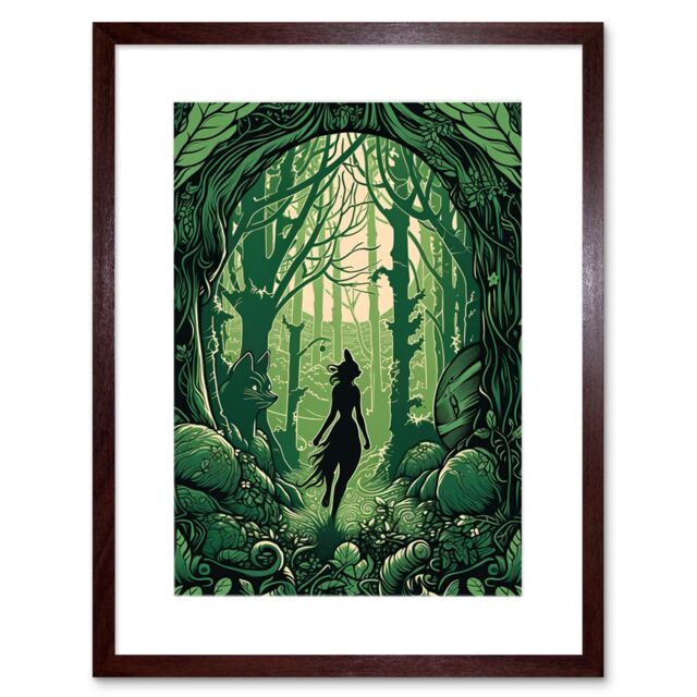 "Artery8 Wall Art Print Anthropomorphic Fox Silhouette Forest Art Nouveau Artwork Framed 9X7 Inch in Brown - Size: W7"" x H9""" - image 1