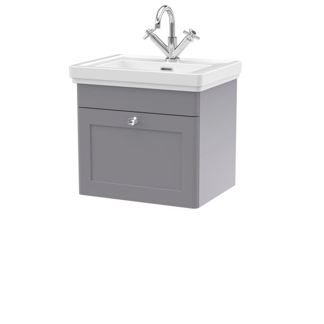 Balterley Bathroom Wall Hung 1-Drawer Vanity Unit & Fireclay Basin, Grey, 500mm in Grey - image 1