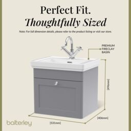 Balterley Bathroom Wall Hung 1-Drawer Vanity Unit & Fireclay Basin, Grey, 500mm in Grey - thumbnail 5