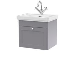 Balterley Bathroom Wall Hung 1-Drawer Vanity Unit & Fireclay Basin, Grey, 500mm in Grey - thumbnail 1