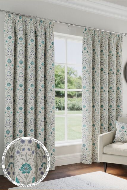 Enhanced Living 100% Blackout Floral Thermal Energy Saving Pair of Curtains with Tape Top Header - Blue - Size: 168 cm width x 229 cm drop - image 1
