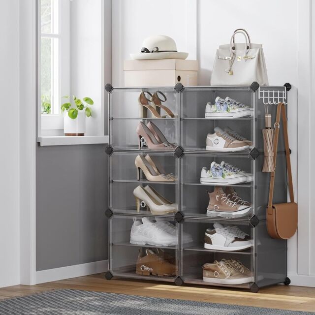 SONGMICS 6-Slot Interlocking Shoe Storage Cabinet Modular Plastic with Doors in Grey - image 1