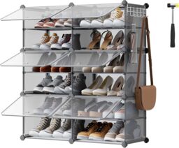 SONGMICS 6-Slot Interlocking Shoe Storage Cabinet Modular Plastic with Doors in Grey - thumbnail 6