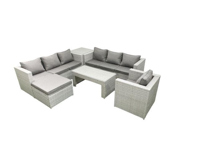 Fimous Wicker PE Rattan Sofa Garden Furniture Set with Oblong Coffee Table Armchair Big Footstool Side Table Light Grey Mixed - image 1