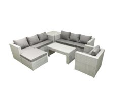Fimous Wicker PE Rattan Sofa Garden Furniture Set with Oblong Coffee Table Armchair Big Footstool Side Table Light Grey Mixed - thumbnail 1