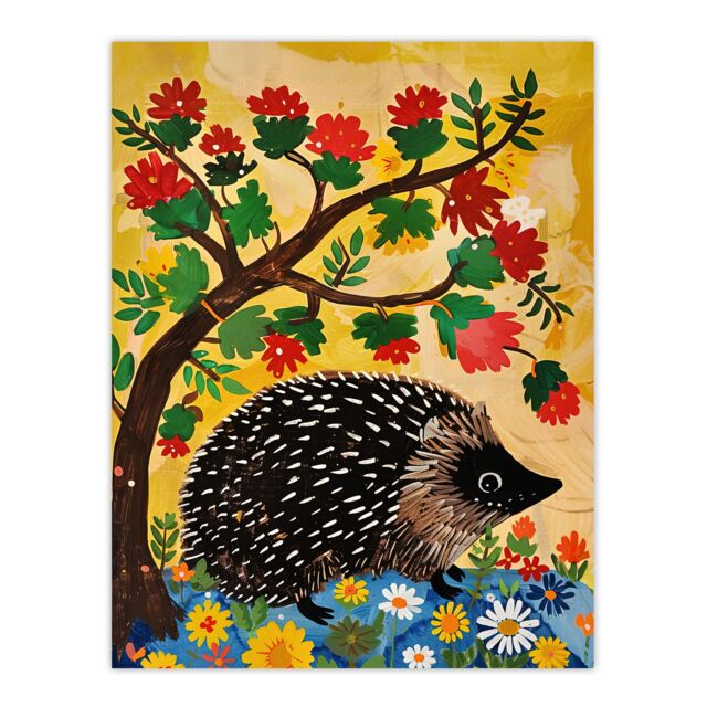 "Artery8 Charming Hedgehog Under Tree Flowers Folk Art Wall Art Print in Yellow - Size: W18"" x H24""" - image 1