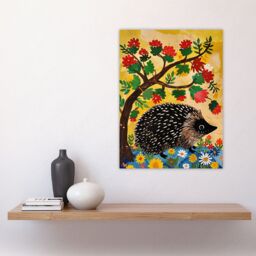 "Artery8 Charming Hedgehog Under Tree Flowers Folk Art Wall Art Print in Yellow - Size: W18"" x H24""" - thumbnail 4