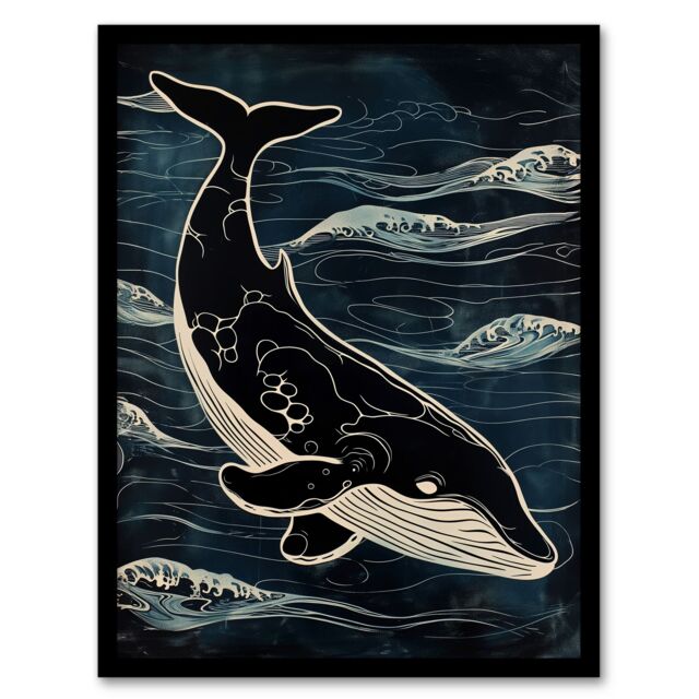 "Artery8 Wall Art Print Whale & Ocean Waves Pattern Woodcut Painting Art Framed Poster in Black - Size: W12"" x H16""" - image 1