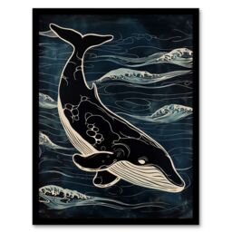 "Artery8 Wall Art Print Whale & Ocean Waves Pattern Woodcut Painting Art Framed Poster in Black - Size: W12"" x H16""" - thumbnail 1