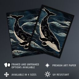 "Artery8 Wall Art Print Whale & Ocean Waves Pattern Woodcut Painting Art Framed Poster in Black - Size: W12"" x H16""" - thumbnail 2