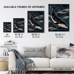 "Artery8 Wall Art Print Whale & Ocean Waves Pattern Woodcut Painting Art Framed Poster in Black - Size: W12"" x H16""" - thumbnail 3