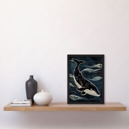 "Artery8 Wall Art Print Whale & Ocean Waves Pattern Woodcut Painting Art Framed Poster in Black - Size: W12"" x H16""" - thumbnail 4