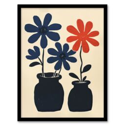 Artery8 Simple Blue Red Daisy Flowers in Pots Folk Art Framed Art Print in Beige - Size: A4 - thumbnail 1