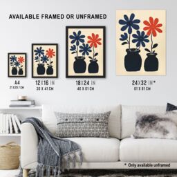 Artery8 Simple Blue Red Daisy Flowers in Pots Folk Art Framed Art Print in Beige - Size: A4 - thumbnail 3