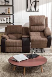 More4Homes Postana Single Motor Rise Recliner 2 Seater Cord Drinks Console Sofa in Brown