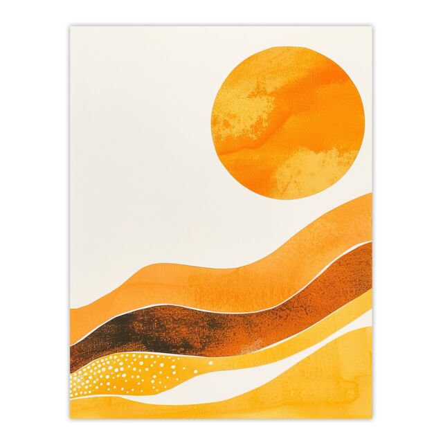 "Artery8 Abstract Yellow Orange Sun Landscape Painting Wall Art Print - Size: W18"" x H24""" - image 1