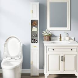 Costway 180 cm Tall Bathroom Cabinet Narrow Storage Organizer w/ 3 Doors in White - thumbnail 9