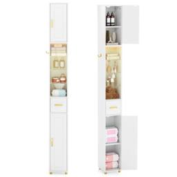 Costway 180 cm Tall Bathroom Cabinet Narrow Storage Organizer w/ 3 Doors in White - thumbnail 3