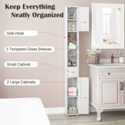 Costway 180 cm Tall Bathroom Cabinet Narrow Storage Organizer w/ 3 Doors in White - thumbnail 4