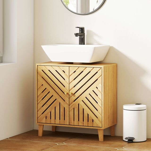HOMCOM Bamboo Bathroom Under Sink Cabinet with Adjustable Shelf, Natural - image 1