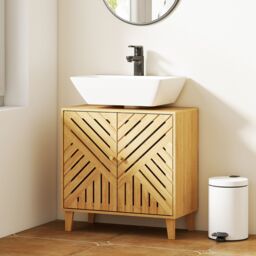 HOMCOM Bamboo Bathroom Under Sink Cabinet with Adjustable Shelf, Natural - thumbnail 1