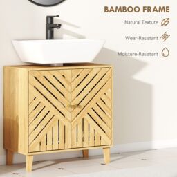 HOMCOM Bamboo Bathroom Under Sink Cabinet with Adjustable Shelf, Natural - thumbnail 6