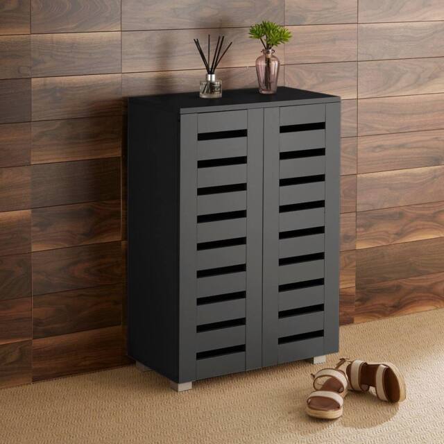 Home Source 2 Door Shoe Storage Cabinet with Slatted Doors & Adjustable Shelving in Black - image 1