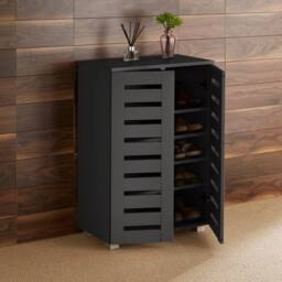 Home Source 2 Door Shoe Storage Cabinet with Slatted Doors & Adjustable Shelving in Black - thumbnail 2