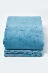 Homescapes Velvet Quilted Throw 100% Cotton, Soft & Luxurious Blanket in Blue - Size: 125 cm x 150 cm - thumbnail 2