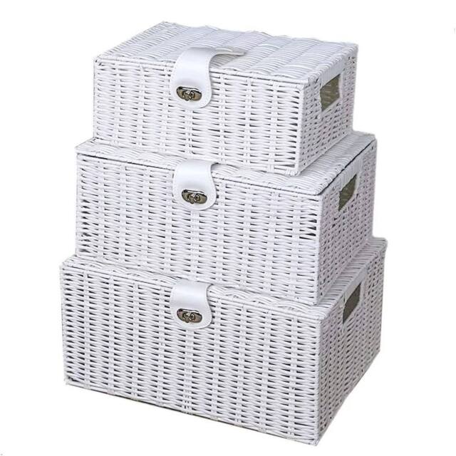 Havendro Wicker Storage Basket White x3 Laundry Hamper Stackable Lid Home - image 1