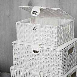 Havendro Wicker Storage Basket White x3 Laundry Hamper Stackable Lid Home - thumbnail 5