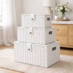 Havendro Wicker Storage Basket White x3 Laundry Hamper Stackable Lid Home - thumbnail 3