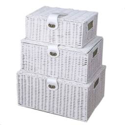 Havendro Wicker Storage Basket White x3 Laundry Hamper Stackable Lid Home - thumbnail 1