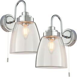 Loops 2 PACK IP44 Bathroom Wall Light Chrome & Domed Clear Glass Curved Arm Oval Lamp - thumbnail 1